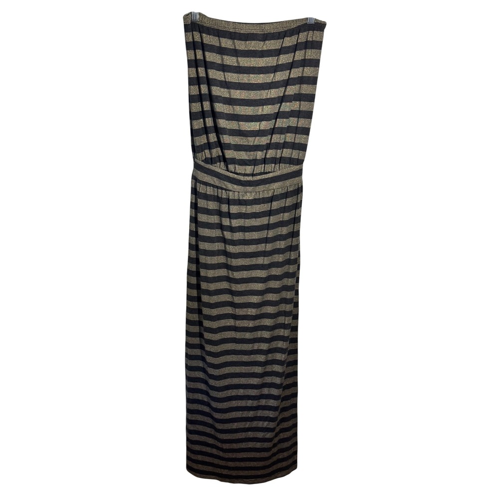 Tori Richard Honolulu Womens XS Strapless Maxi Dress Black Gold Metallic Stripe